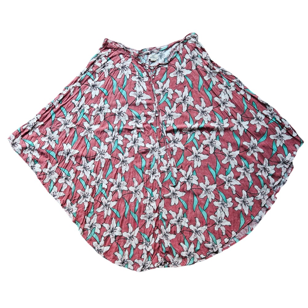 ONeill Womens Large Floral Button Front Midi Skirt Dusty Rose Teal Viscose Boho
